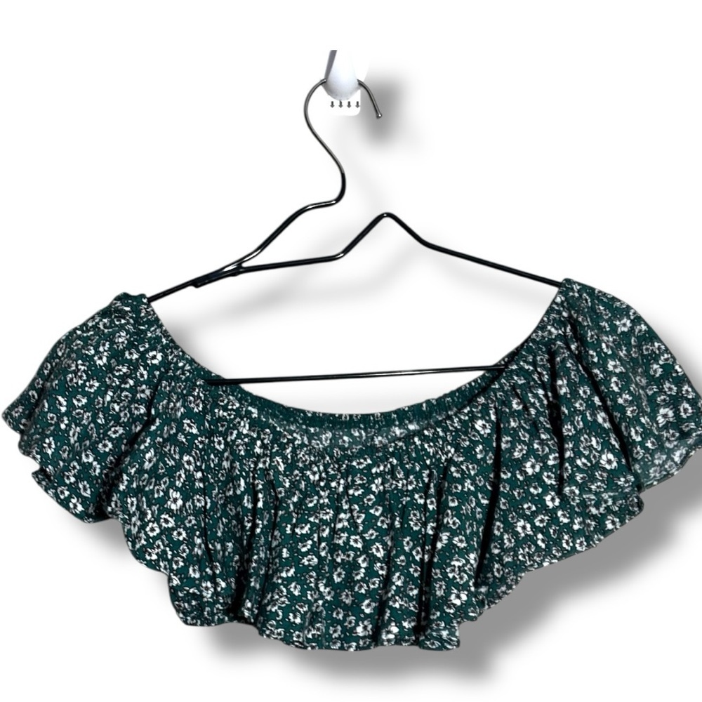 Indigo Child Teal and White Ditsy Floral Print Ruffled Off Shoulder Crop Top - Picture 16 of 16